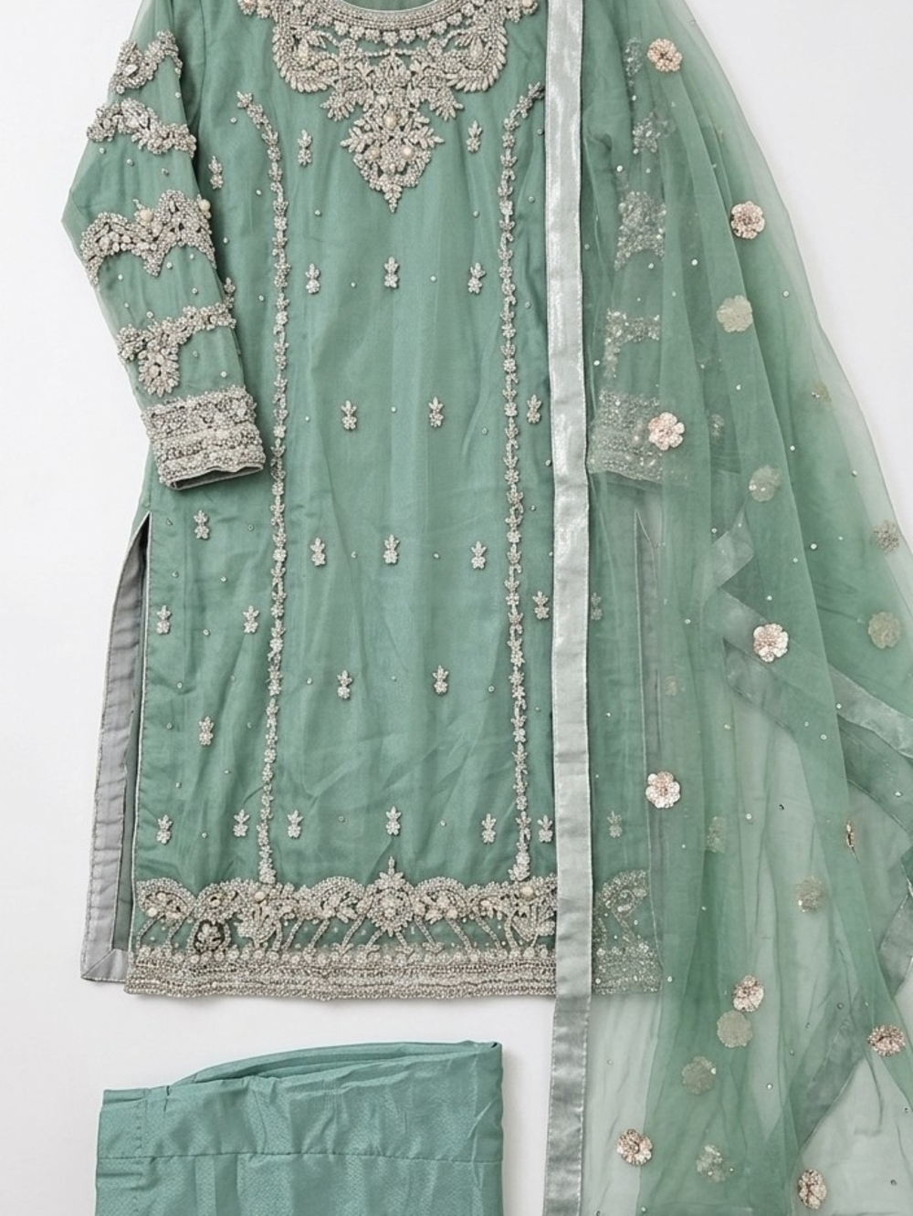 Embellished Seafoam Green Traditional Dress with Dupatta